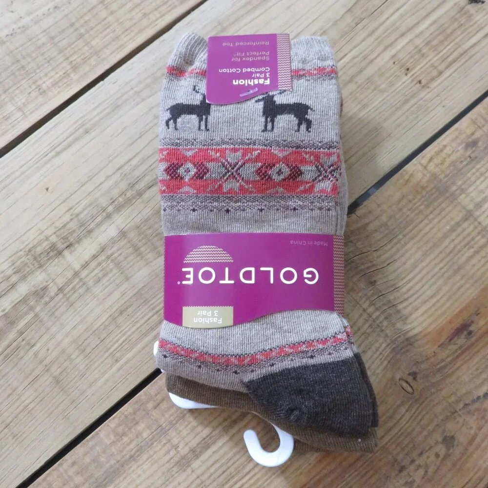 NWT Women's Gold Toe 3 pack Cotton Fashion Socks Shoe Size 6-9 Fall Winter